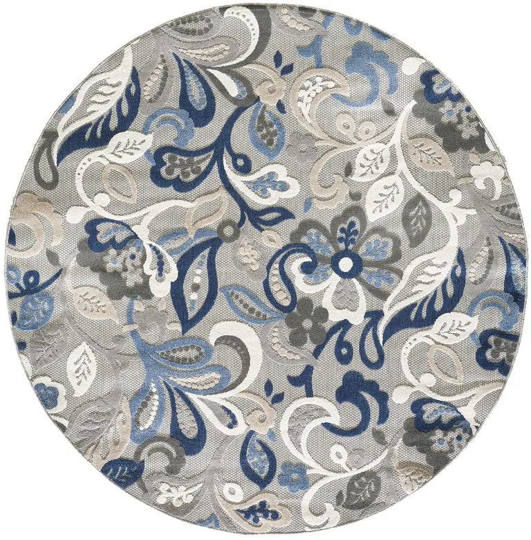 8' Round Blue Gray Jacobean Floral Indoor Outdoor Area Rug Photo 2