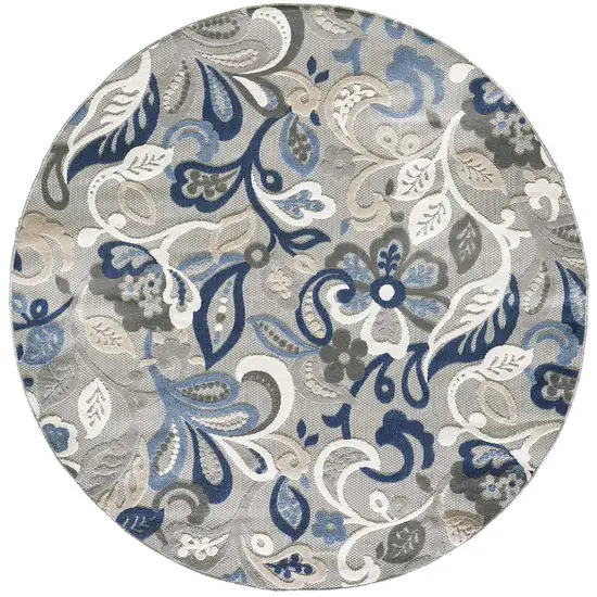 8' Round Blue Gray Jacobean Floral Indoor Outdoor Area Rug Photo 2