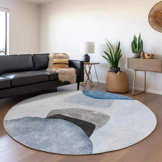 Blue Gray and Black Round Abstract Washable Non Skid Indoor Outdoor Area Rug Photo 9