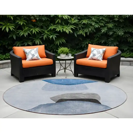 8' Round Blue Gray and Black Round Abstract Washable Non Skid Indoor Outdoor Area Rug Photo 1