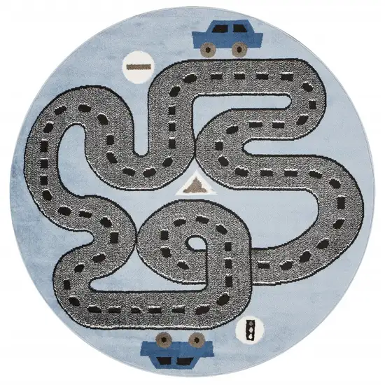 5' Round Blue Imaginative Racetrack Area Rug Photo 1