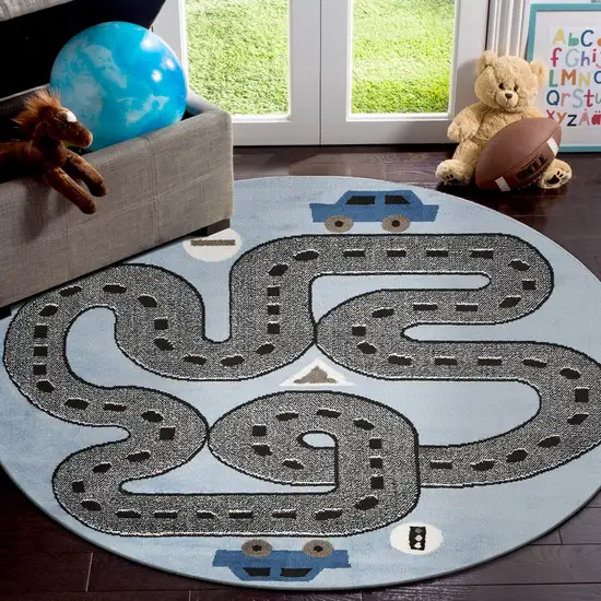 5' Round Blue Imaginative Racetrack Area Rug Photo 7