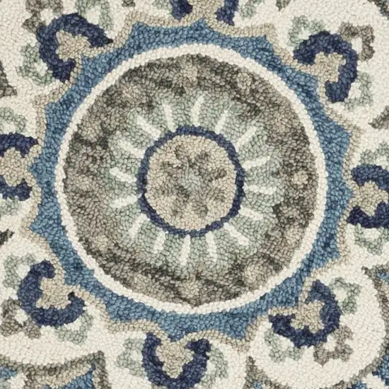 4' Blue and Cream Round Wool Floral Medallion Hand Tufted Area Rug Photo 8