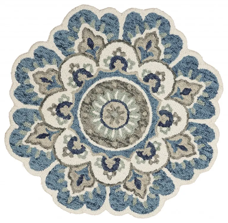 4' Round Blue Modern Floral Area Rug Photo 1