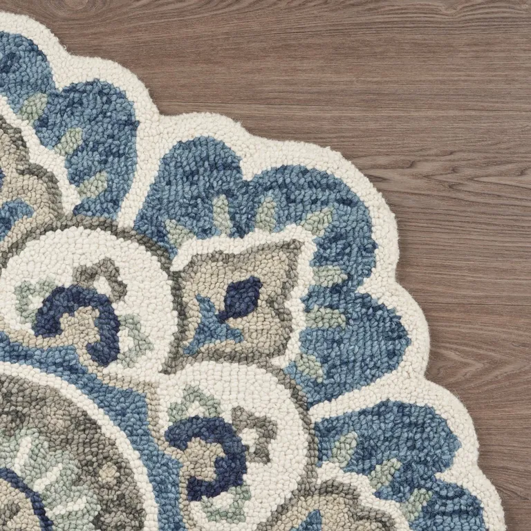 4' Round Blue Modern Floral Area Rug Photo 3