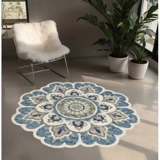 4' Blue and Cream Round Wool Floral Medallion Hand Tufted Area Rug Photo 1