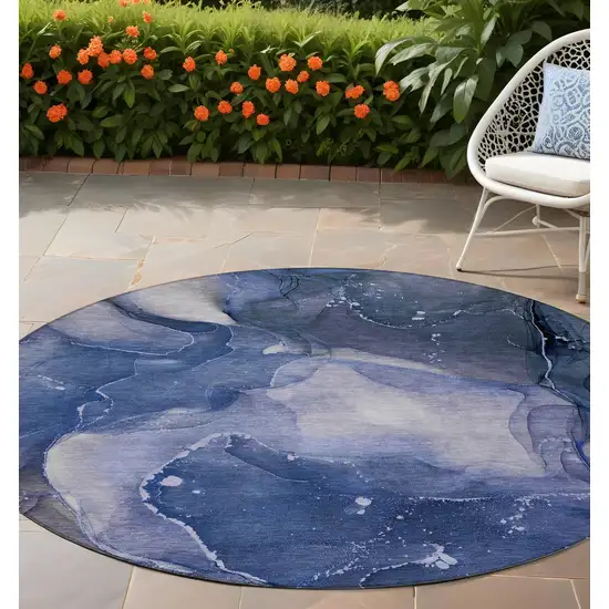 8' Round Blue Round Abstract Washable Non Skid Indoor Outdoor Area Rug Photo 1