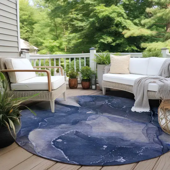 8' Round Blue Round Abstract Washable Non Skid Indoor Outdoor Area Rug Photo 8