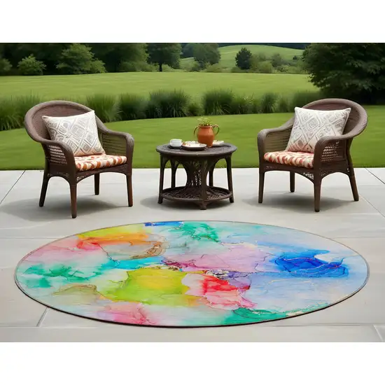 Blue Pink and Green Round Abstract Washable Indoor Outdoor Area Rug Photo 1