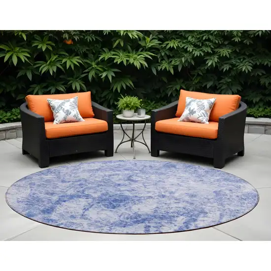 8' Round Blue Round Abstract Washable Non Skid Indoor Outdoor Area Rug Photo 1