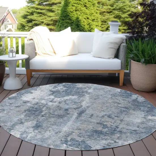 8' Round Blue Round Abstract Washable Non Skid Indoor Outdoor Area Rug Photo 8