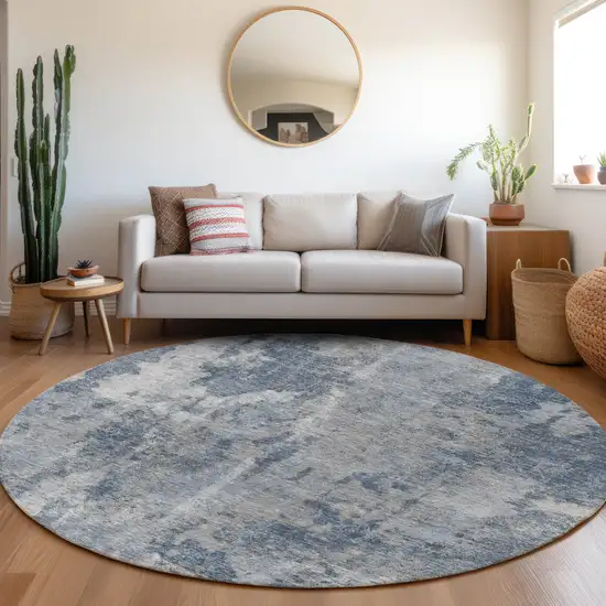 8' Round Blue Round Abstract Washable Non Skid Indoor Outdoor Area Rug Photo 9