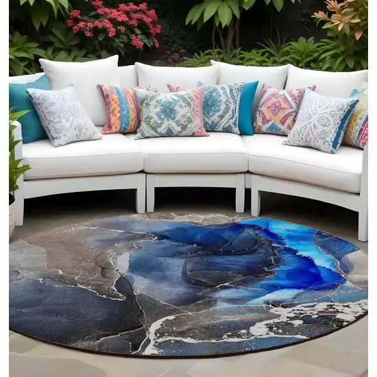 8' Round Blue Round Abstract Washable Non Skid Indoor Outdoor Area Rug Photo 1