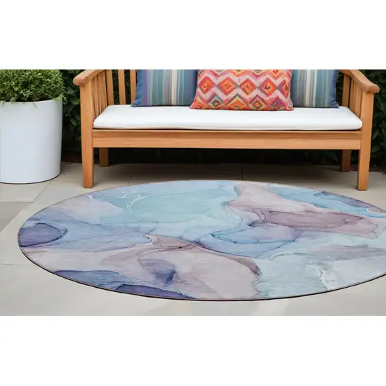 Blue Round Abstract Washable Non Skid Indoor Outdoor Area Rug Photo 1