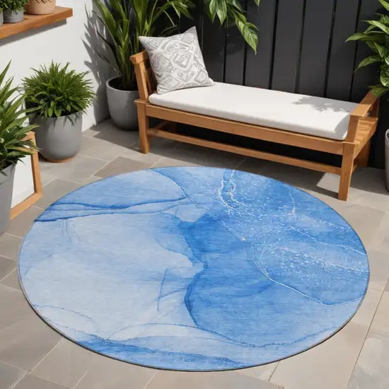 8' Round Blue Round Abstract Washable Non Skid Indoor Outdoor Area Rug Photo 1