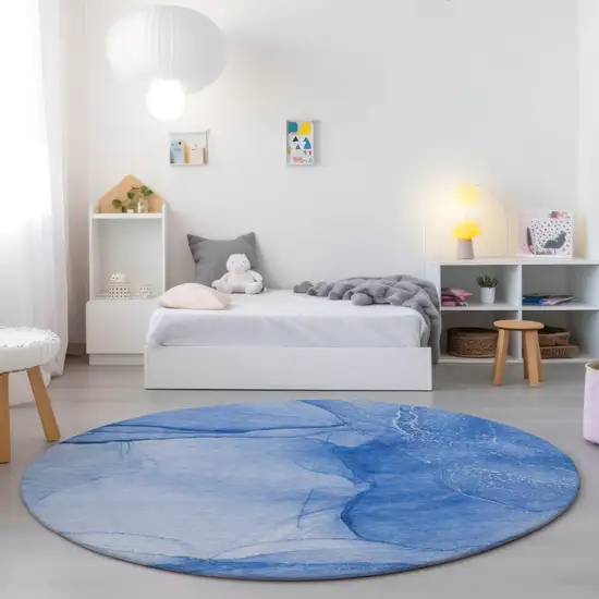 Blue Round Abstract Washable Non Skid Indoor Outdoor Area Rug Photo 9