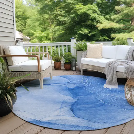 8' Round Blue Round Abstract Washable Non Skid Indoor Outdoor Area Rug Photo 8