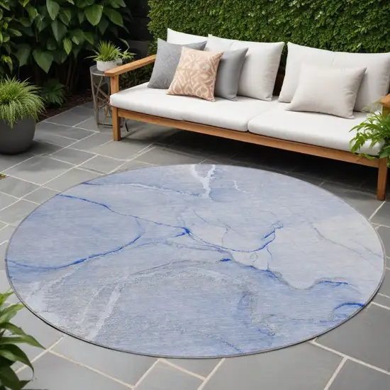 8' Round Blue Round Abstract Washable Non Skid Indoor Outdoor Area Rug Photo 1