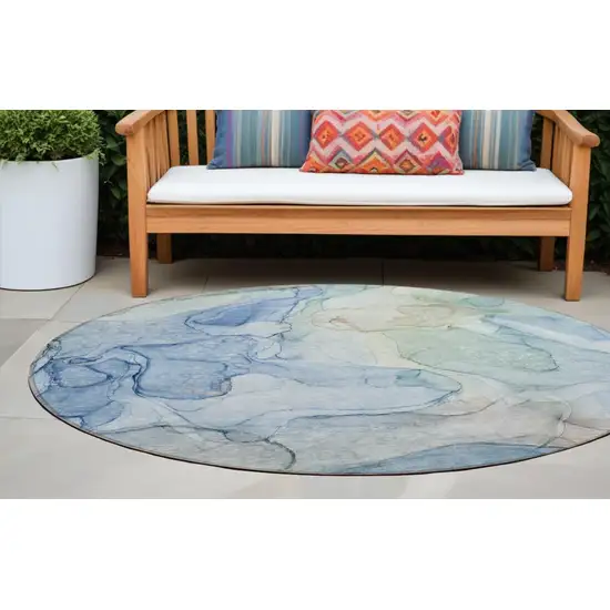 Blue Round Abstract Washable Non Skid Indoor Outdoor Area Rug Photo 1