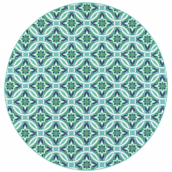 8' Round Blue Round Geometric Stain Resistant Indoor Outdoor Area Rug Photo 1