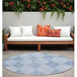 Photo of 8' Round Blue Round Geometric Washable Non Skid Indoor Outdoor Area Rug