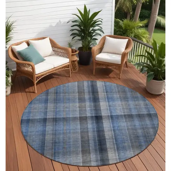 8' Round Blue Round Plaid Washable Non Skid Indoor Outdoor Area Rug Photo 1