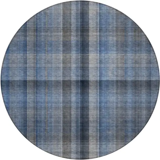 8' Round Blue Round Plaid Washable Non Skid Indoor Outdoor Area Rug Photo 2