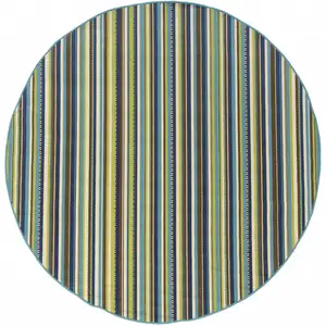 Photo of 8' Round Blue Round Striped Stain Resistant Indoor Outdoor Area Rug