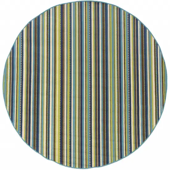 8' Round Blue Round Striped Stain Resistant Indoor Outdoor Area Rug Photo 1