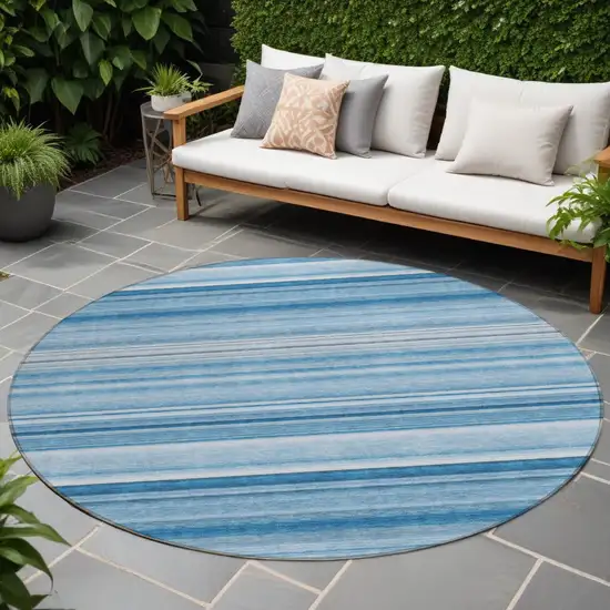 Blue Round Striped Washable Non Skid Indoor Outdoor Area Rug Photo 1