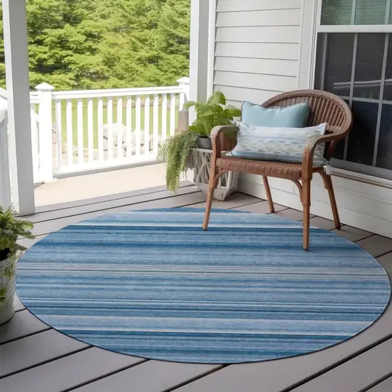 Blue Round Striped Washable Non Skid Indoor Outdoor Area Rug Photo 8