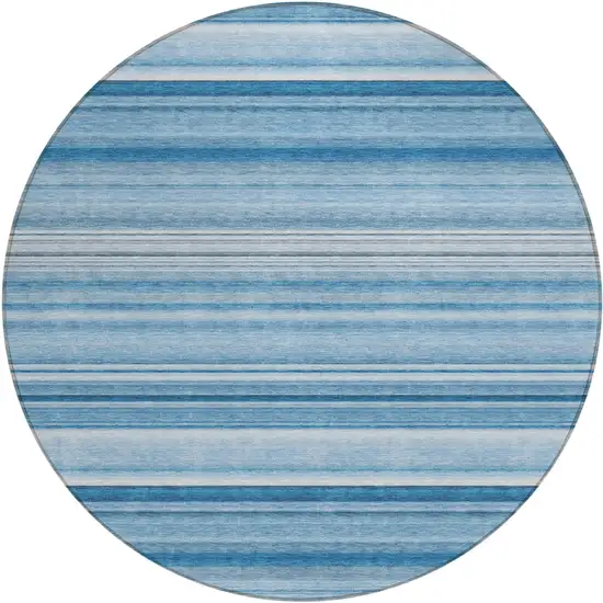 8' Round Blue Round Striped Washable Non Skid Indoor Outdoor Area Rug Photo 2