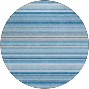 Photo of 8' Round Blue Round Striped Washable Non Skid Indoor Outdoor Area Rug