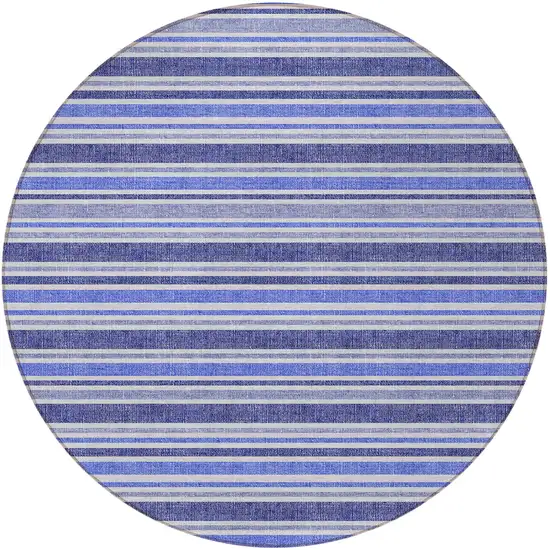 8' Round Blue Round Striped Washable Non Skid Indoor Outdoor Area Rug Photo 4