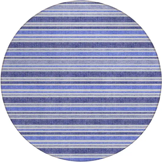 8' Round Blue Round Striped Washable Non Skid Indoor Outdoor Area Rug Photo 2