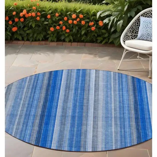 Blue Round Striped Washable Non Skid Indoor Outdoor Area Rug Photo 1