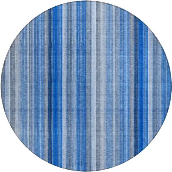 8' Round Blue Round Striped Washable Non Skid Indoor Outdoor Area Rug Photo 2