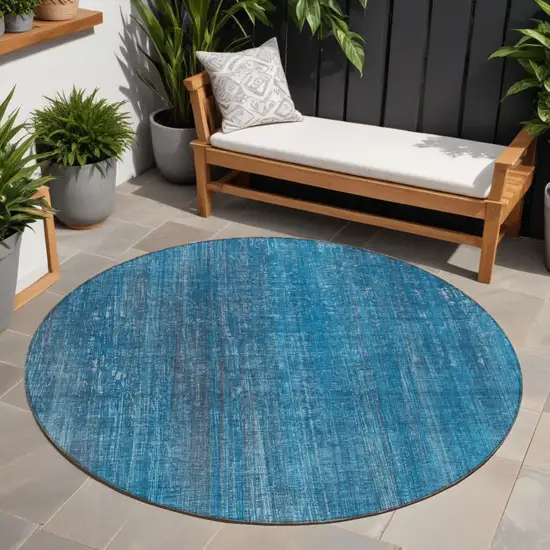 8' Round Blue Round Striped Washable Non Skid Indoor Outdoor Area Rug Photo 1