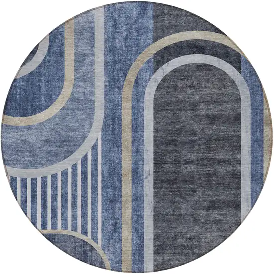 8' Round Blue and Black Round Abstract Washable Non Skid Indoor Outdoor Area Rug Photo 3