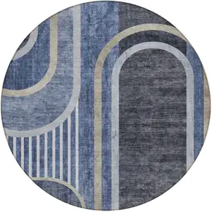 Photo of 8' Round Blue and Black Round Abstract Washable Non Skid Indoor Outdoor Area Rug