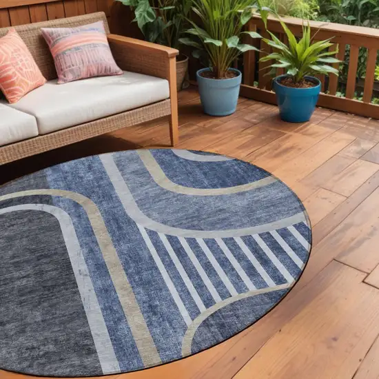 Blue and Black Round Abstract Washable Indoor Outdoor Area Rug Photo 1