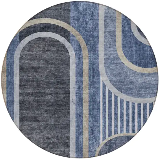 Blue and Black Round Abstract Washable Indoor Outdoor Area Rug Photo 2