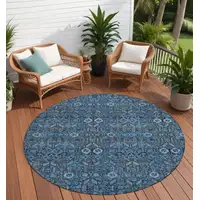 Photo of 8' Round Blue and Black Round Floral Washable Non Skid Indoor Outdoor Area Rug