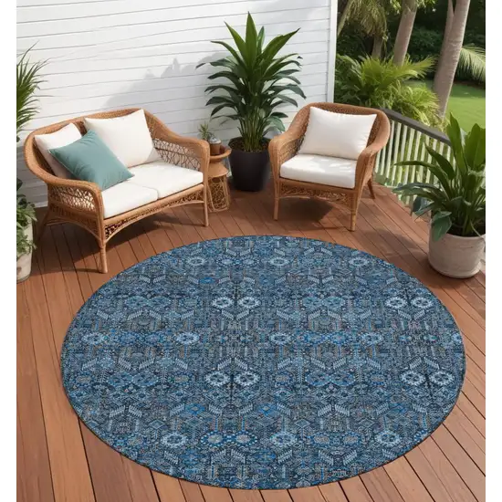 8' Round Blue and Black Round Floral Washable Non Skid Indoor Outdoor Area Rug Photo 1