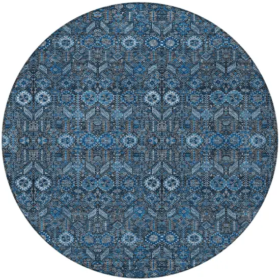 Blue and Black Round Floral Washable Non Skid Indoor Outdoor Area Rug Photo 5