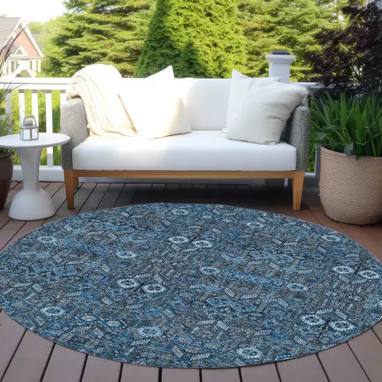 Blue and Black Round Floral Washable Non Skid Indoor Outdoor Area Rug Photo 9