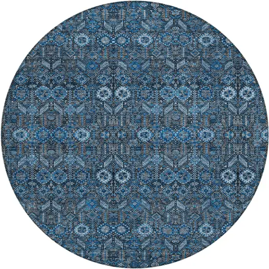 8' Round Blue and Black Round Floral Washable Non Skid Indoor Outdoor Area Rug Photo 2