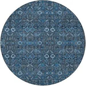 Photo of 8' Round Blue and Black Round Floral Washable Non Skid Indoor Outdoor Area Rug