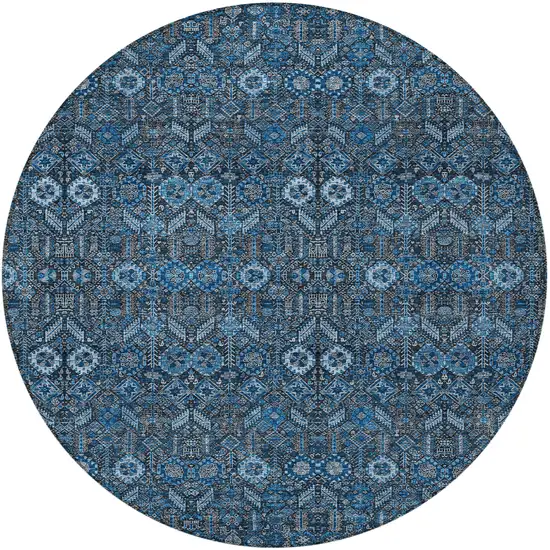 8' Round Blue and Black Round Floral Washable Non Skid Indoor Outdoor Area Rug Photo 4