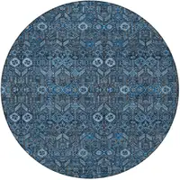 Photo of 8' Round Blue and Black Round Floral Washable Non Skid Indoor Outdoor Area Rug